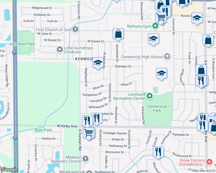 map of restaurants, bars, coffee shops, grocery stores, and more near 2706 Sangamon Drive in Champaign