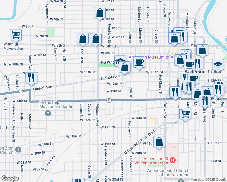 map of restaurants, bars, coffee shops, grocery stores, and more near 805 West 13th Street in Anderson