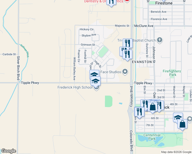 map of restaurants, bars, coffee shops, grocery stores, and more near 5753 Orchard Avenue in Longmont