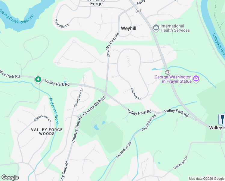 map of restaurants, bars, coffee shops, grocery stores, and more near 505 Valley Park Road in Phoenixville