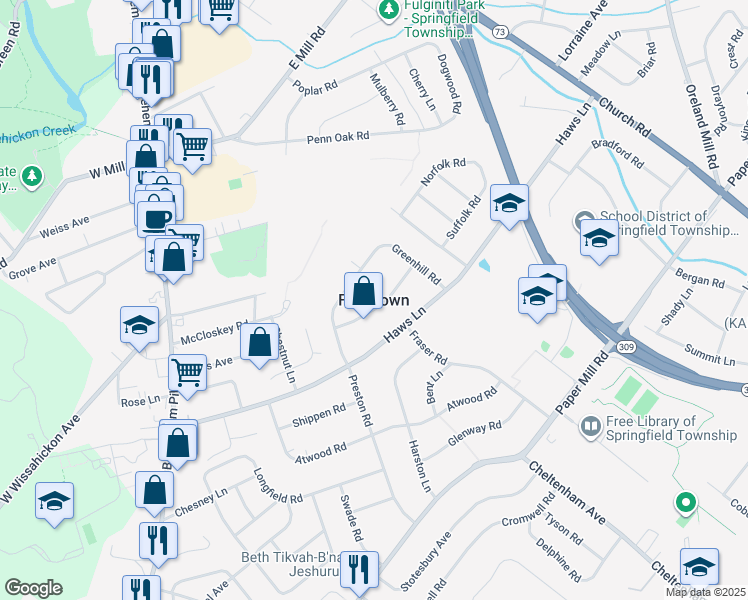 map of restaurants, bars, coffee shops, grocery stores, and more near in Flourtown