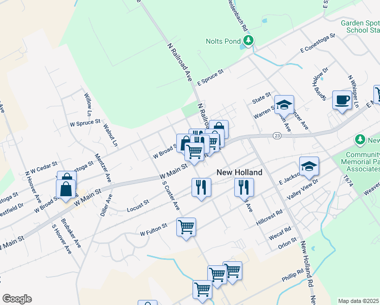 map of restaurants, bars, coffee shops, grocery stores, and more near 102 Towne Centre Lane in New Holland