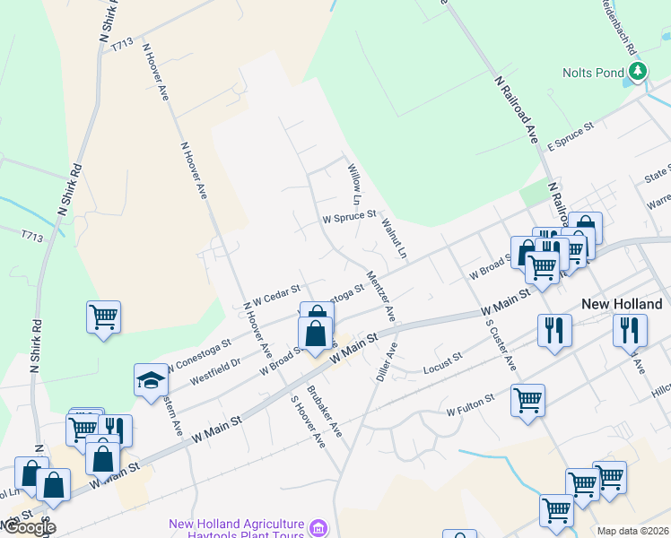 map of restaurants, bars, coffee shops, grocery stores, and more near 323 Hemlock Lane in New Holland