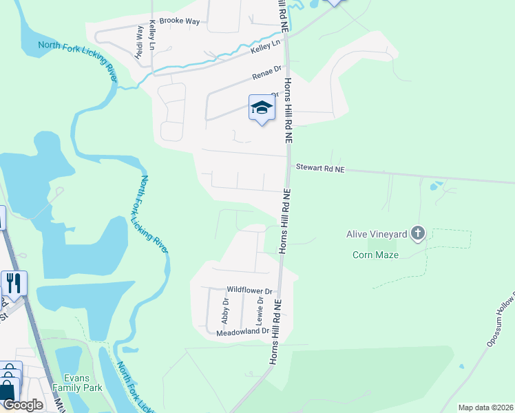map of restaurants, bars, coffee shops, grocery stores, and more near 3131 Horns Hill Road Northeast in Newark