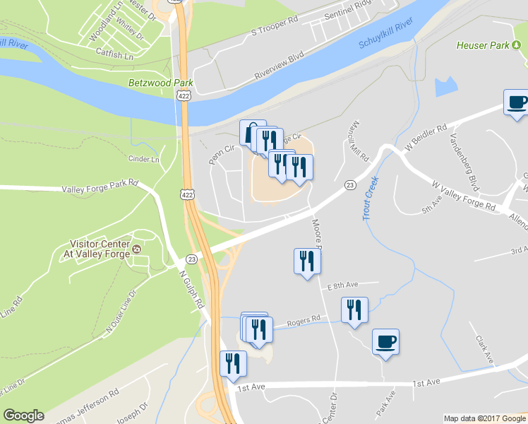 map of restaurants, bars, coffee shops, grocery stores, and more near 1020 Valley Forge Road in Eagleville