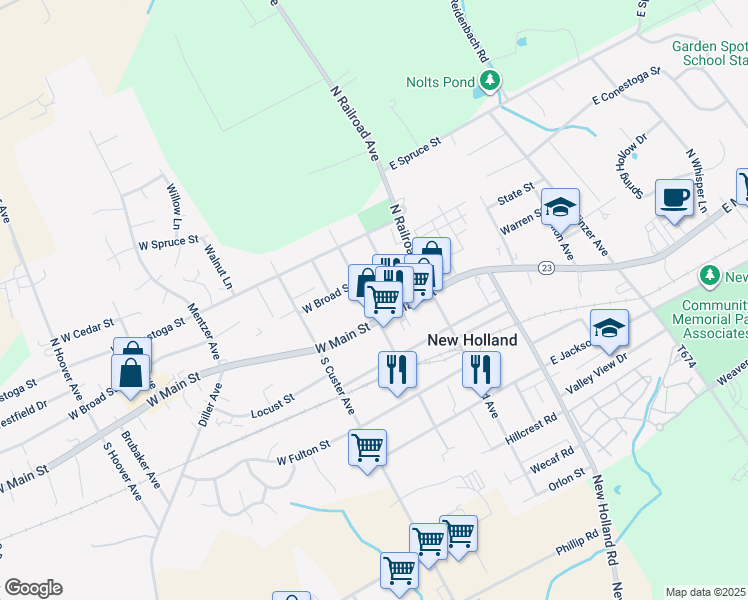 map of restaurants, bars, coffee shops, grocery stores, and more near 102 Towne Centre Lane in New Holland