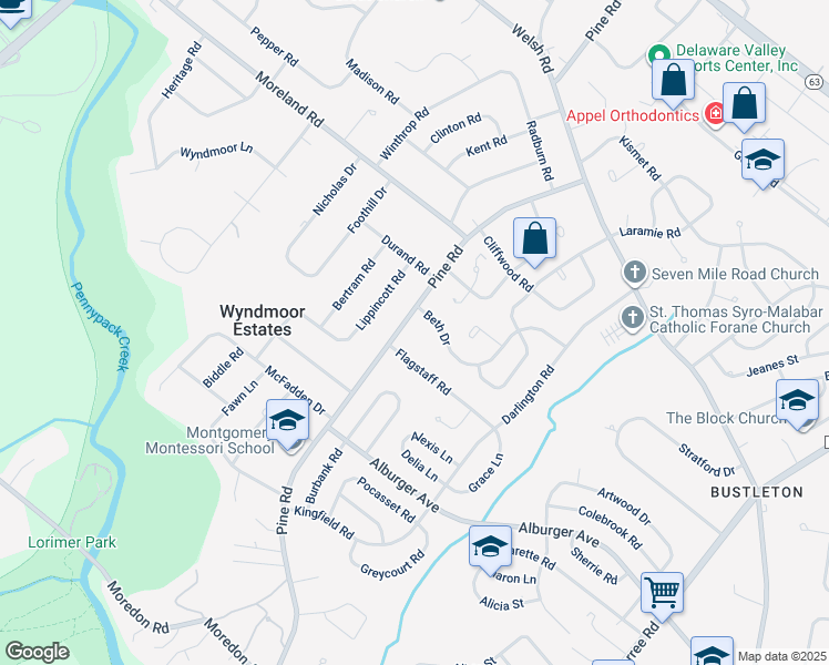map of restaurants, bars, coffee shops, grocery stores, and more near 9501 Pine Road in Philadelphia