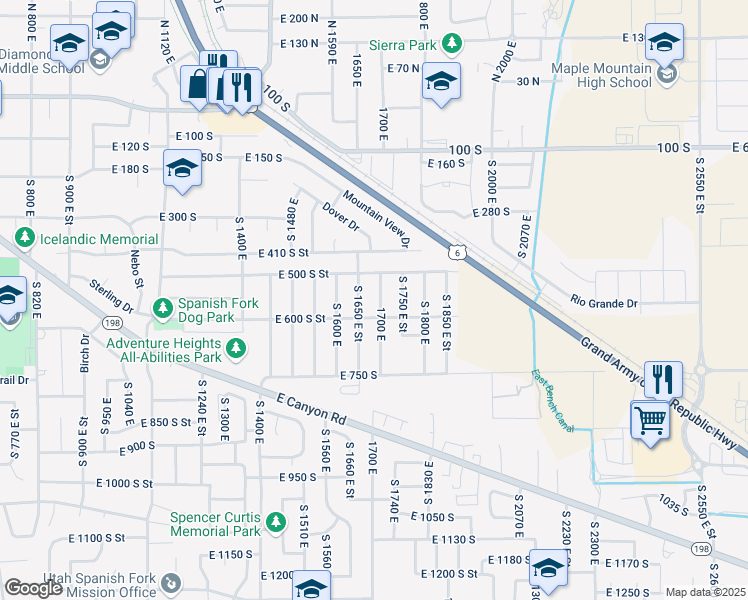 map of restaurants, bars, coffee shops, grocery stores, and more near 585 South 1700 East in Spanish Fork
