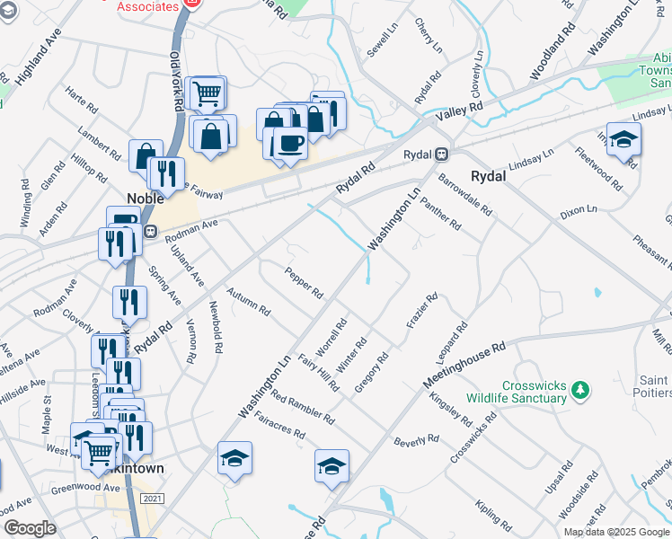 map of restaurants, bars, coffee shops, grocery stores, and more near 916 Washington Lane in Rydal