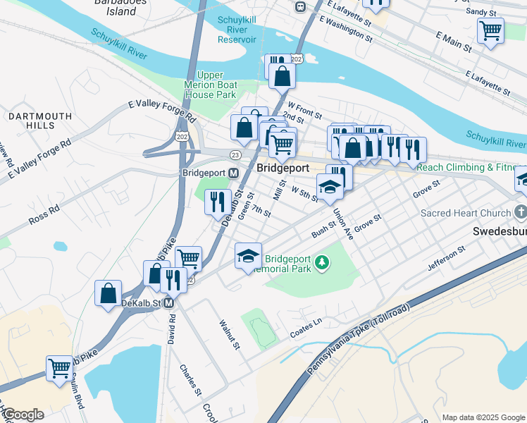 map of restaurants, bars, coffee shops, grocery stores, and more near 712 Mill Street in Bridgeport