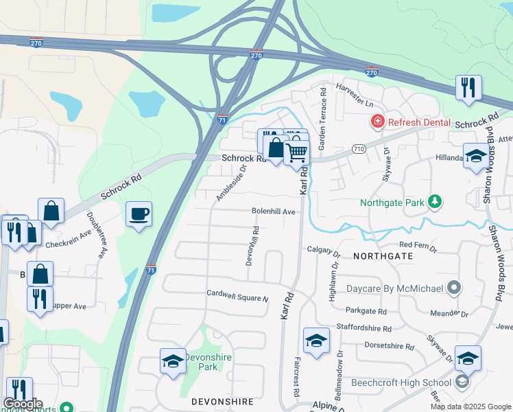 map of restaurants, bars, coffee shops, grocery stores, and more near 1471 Bolenhill Avenue in Columbus