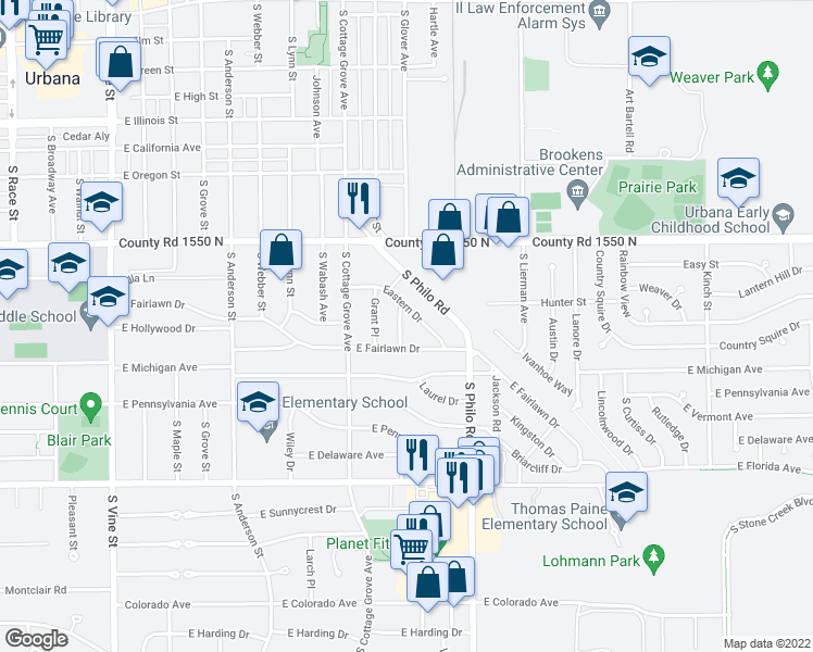 map of restaurants, bars, coffee shops, grocery stores, and more near 1204 East Fairlawn Drive in Urbana