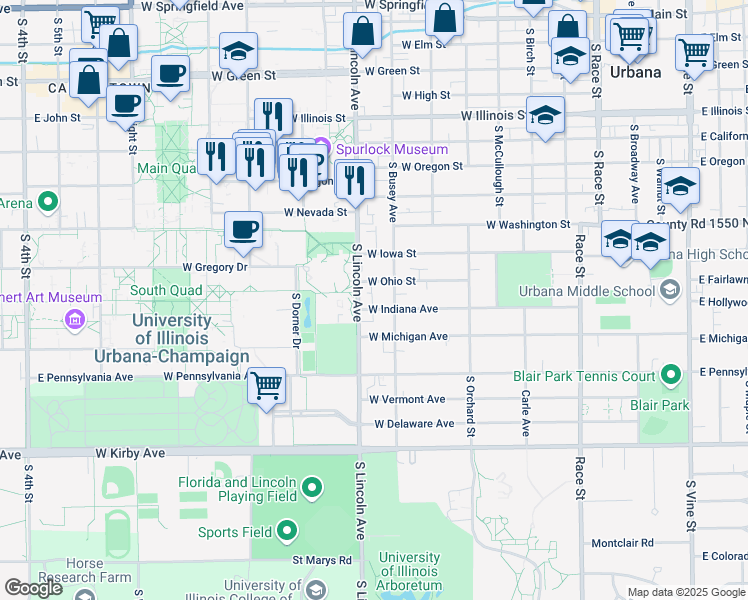 map of restaurants, bars, coffee shops, grocery stores, and more near 803 Indiana Avenue in Urbana