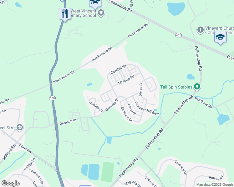 map of restaurants, bars, coffee shops, grocery stores, and more near 713 Churchill Road in Chester Springs