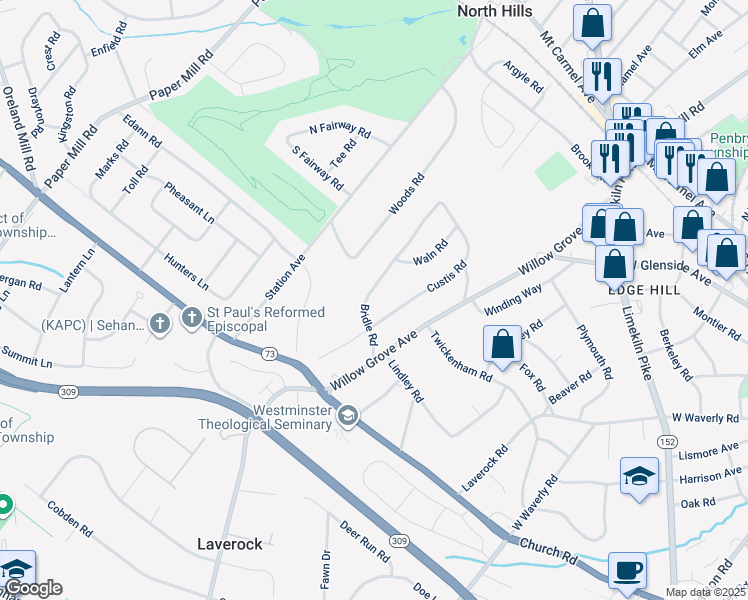 map of restaurants, bars, coffee shops, grocery stores, and more near 625 Bridle Road in Glenside