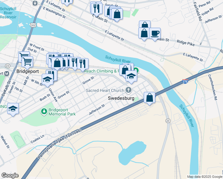 map of restaurants, bars, coffee shops, grocery stores, and more near 253 Coates St in Bridgeport