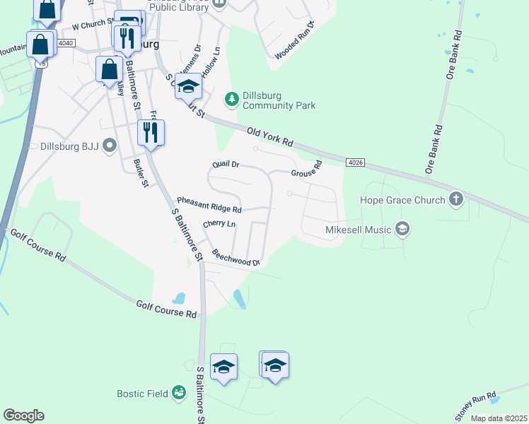 map of restaurants, bars, coffee shops, grocery stores, and more near 38 Pheasant Ridge Road in Dillsburg