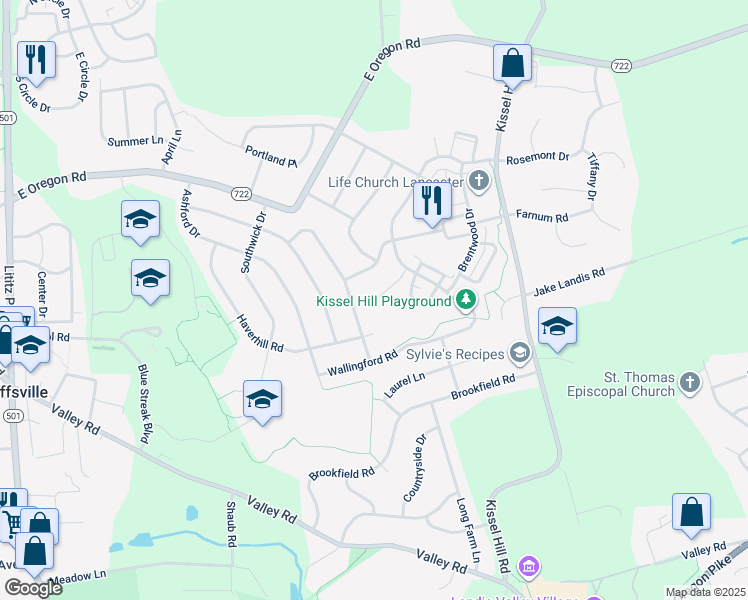 map of restaurants, bars, coffee shops, grocery stores, and more near 525 Providence Court in Lititz