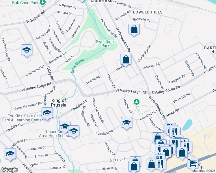 map of restaurants, bars, coffee shops, grocery stores, and more near 282 West Valley Forge Road in King of Prussia