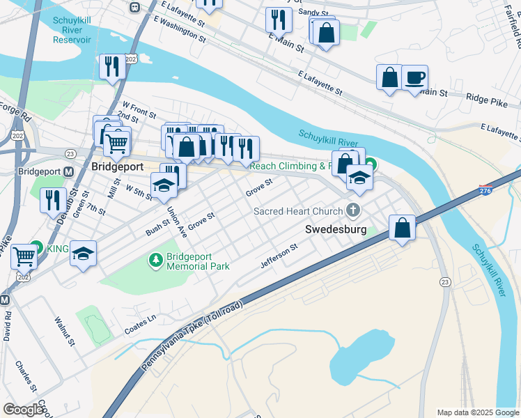 map of restaurants, bars, coffee shops, grocery stores, and more near 421 Holstein Street in Bridgeport