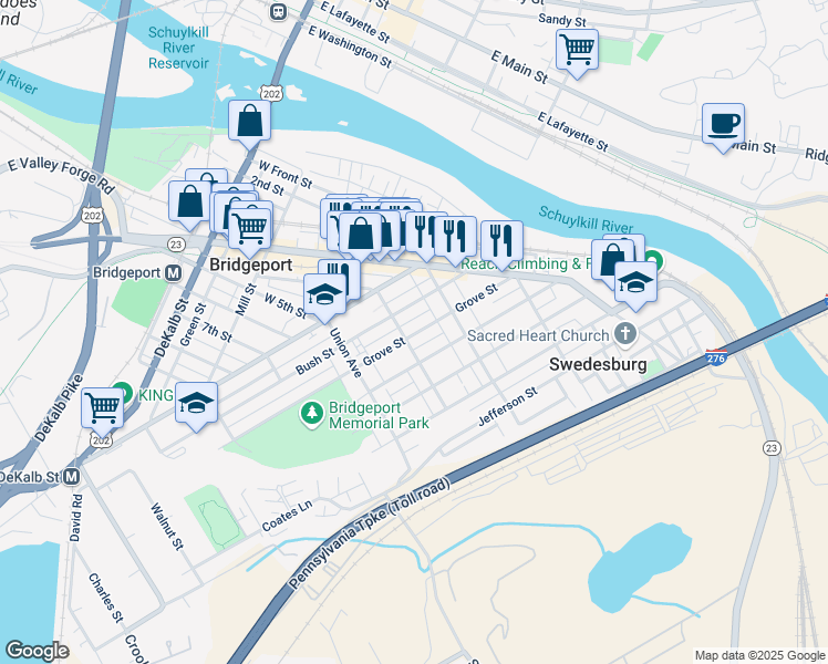 map of restaurants, bars, coffee shops, grocery stores, and more near 443 Grove Street in Bridgeport