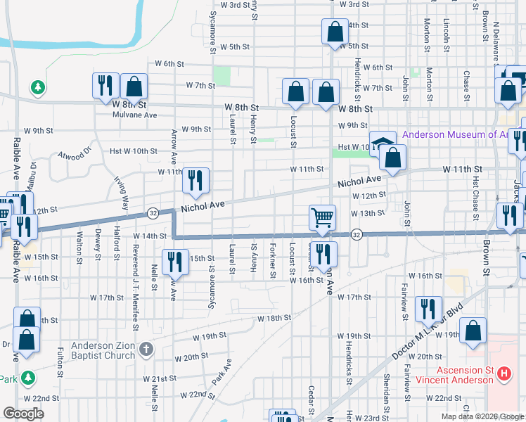 map of restaurants, bars, coffee shops, grocery stores, and more near 1329 West 13th Street in Anderson