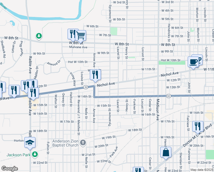 map of restaurants, bars, coffee shops, grocery stores, and more near 1305 Sycamore Street in Anderson