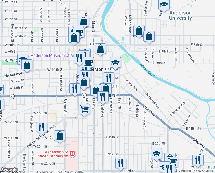 map of restaurants, bars, coffee shops, grocery stores, and more near 1326 Fletcher Street in Anderson