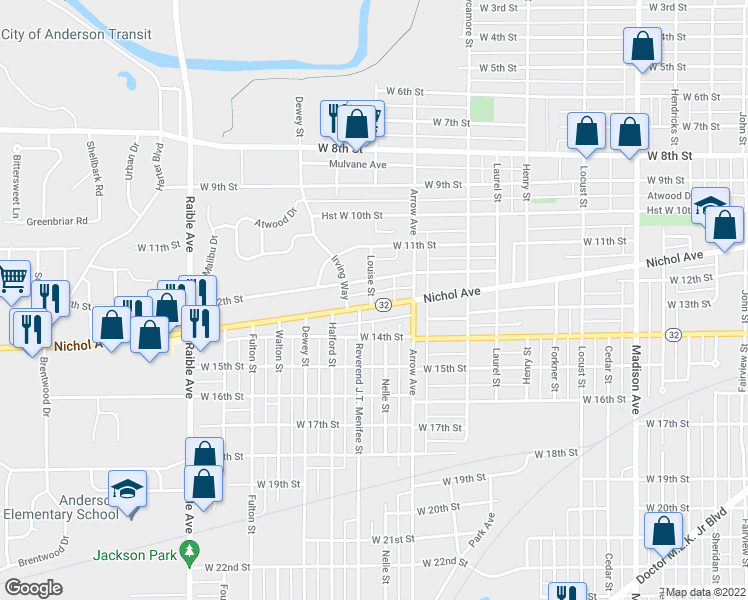 map of restaurants, bars, coffee shops, grocery stores, and more near 1812 Nichol Avenue in Anderson