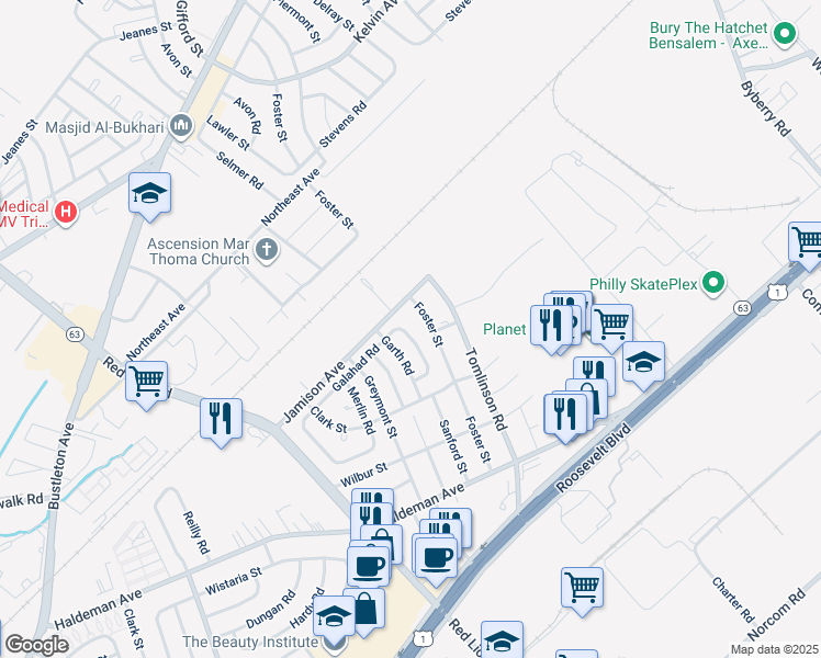 map of restaurants, bars, coffee shops, grocery stores, and more near 1853 Sanford Street in Philadelphia
