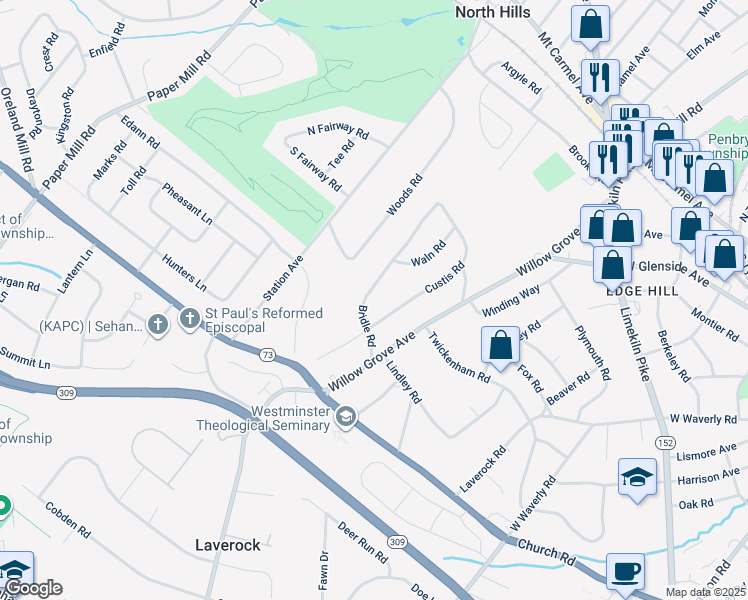 map of restaurants, bars, coffee shops, grocery stores, and more near 625 Bridle Road in Glenside