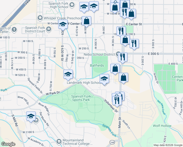 map of restaurants, bars, coffee shops, grocery stores, and more near 270 West 500 South in Spanish Fork