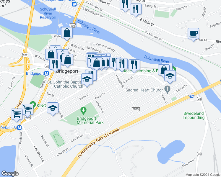 map of restaurants, bars, coffee shops, grocery stores, and more near 443 Grove Street in Bridgeport