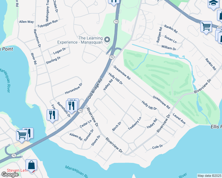 map of restaurants, bars, coffee shops, grocery stores, and more near 651 Valley Road in Brielle