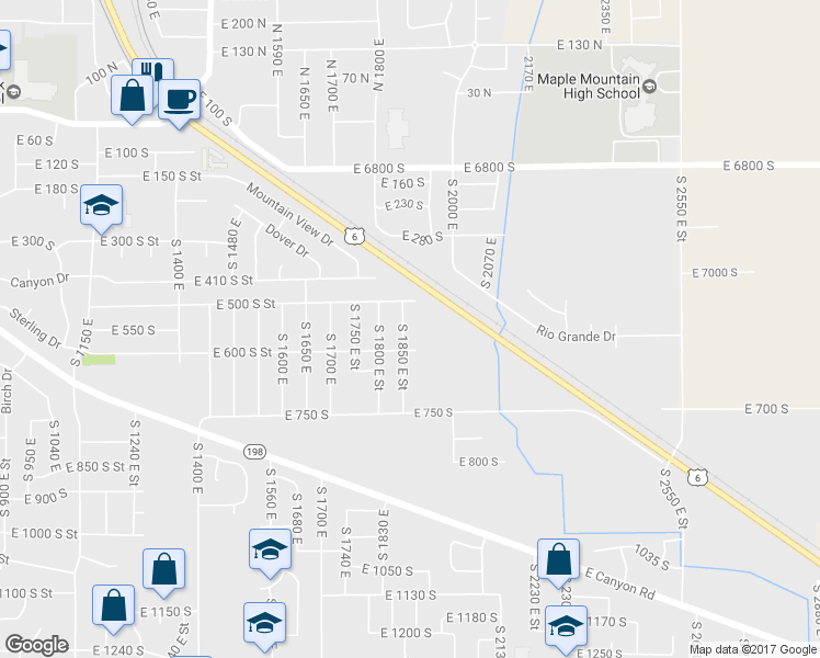 map of restaurants, bars, coffee shops, grocery stores, and more near 563 South 1850 East in Spanish Fork