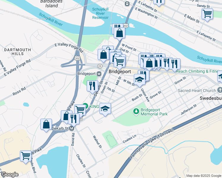 map of restaurants, bars, coffee shops, grocery stores, and more near 109 7th Street in Bridgeport