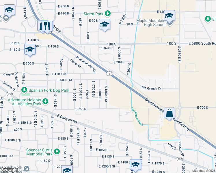 map of restaurants, bars, coffee shops, grocery stores, and more near 563 South 1850 East in Spanish Fork