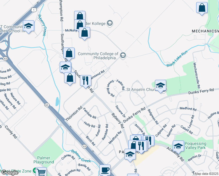 map of restaurants, bars, coffee shops, grocery stores, and more near 12437 Sweet Briar Road in Philadelphia