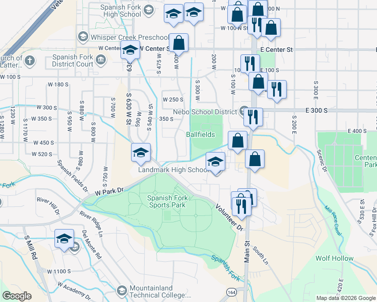 map of restaurants, bars, coffee shops, grocery stores, and more near 260 West 500 South in Spanish Fork