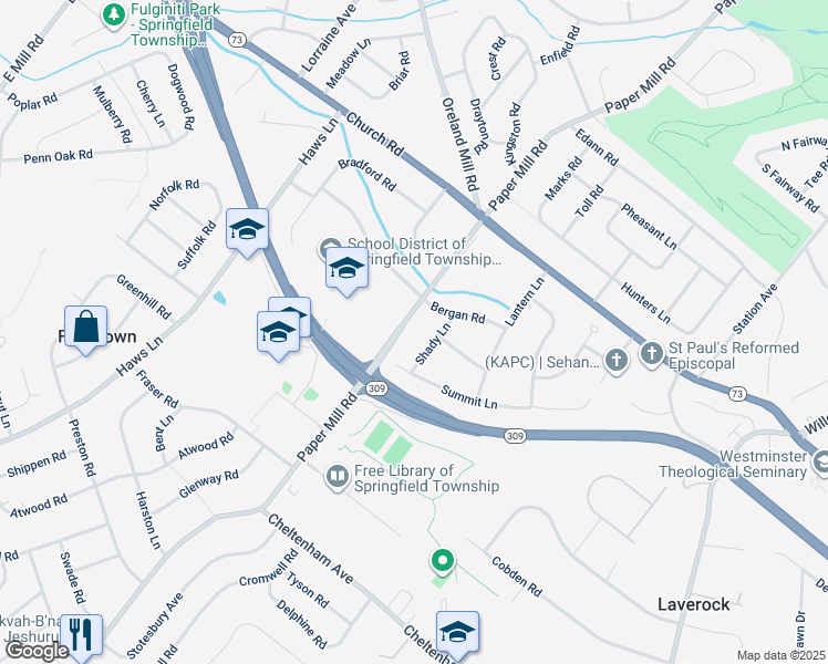 map of restaurants, bars, coffee shops, grocery stores, and more near 1908 Paper Mill Road in Oreland