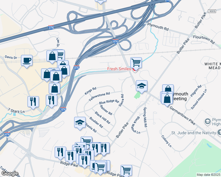 map of restaurants, bars, coffee shops, grocery stores, and more near 103 Kings Road in Plymouth Meeting