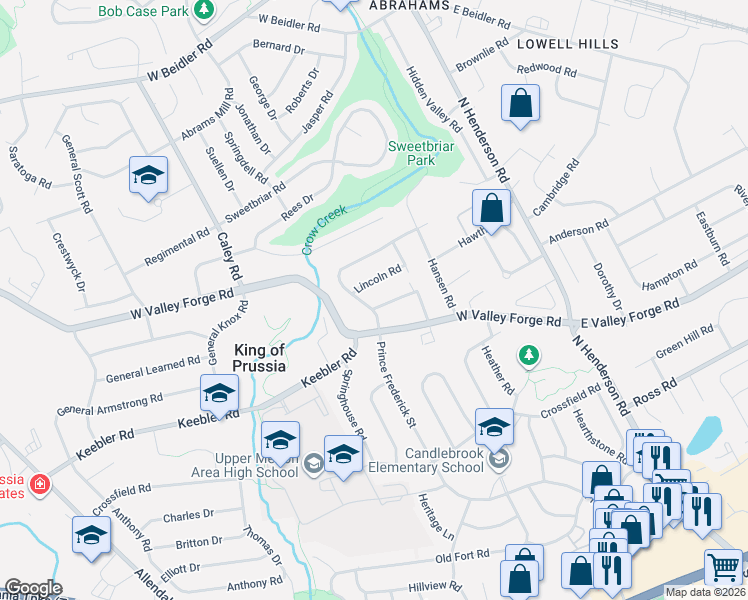 map of restaurants, bars, coffee shops, grocery stores, and more near 302 West Valley Forge Road in King of Prussia