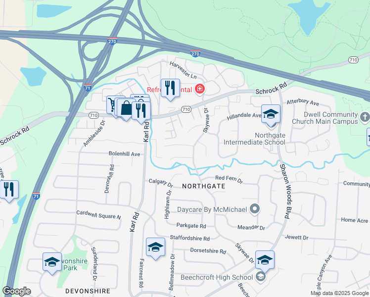 map of restaurants, bars, coffee shops, grocery stores, and more near 1689 Tendril Court in Columbus