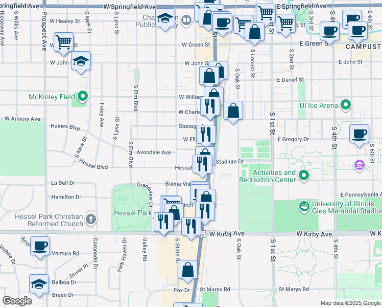 map of restaurants, bars, coffee shops, grocery stores, and more near in Champaign