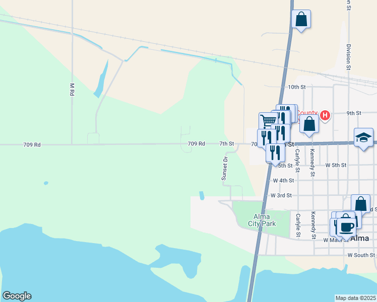 map of restaurants, bars, coffee shops, grocery stores, and more near 11334 709 Road in Alma