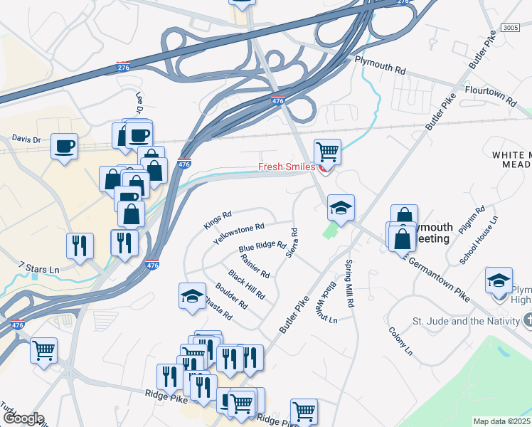 map of restaurants, bars, coffee shops, grocery stores, and more near 103 Kings Road in Plymouth Meeting