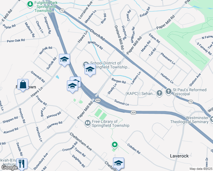map of restaurants, bars, coffee shops, grocery stores, and more near 1908 Paper Mill Road in Oreland