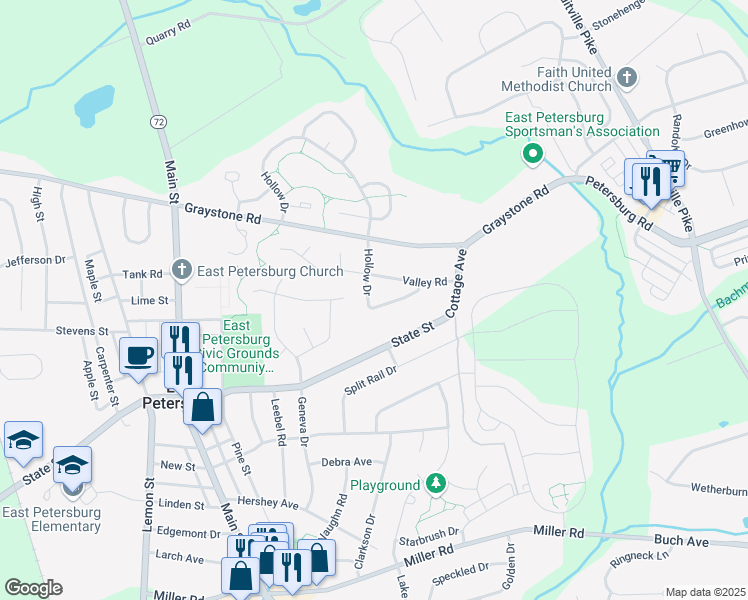 map of restaurants, bars, coffee shops, grocery stores, and more near 6225 Hollow Drive in East Petersburg