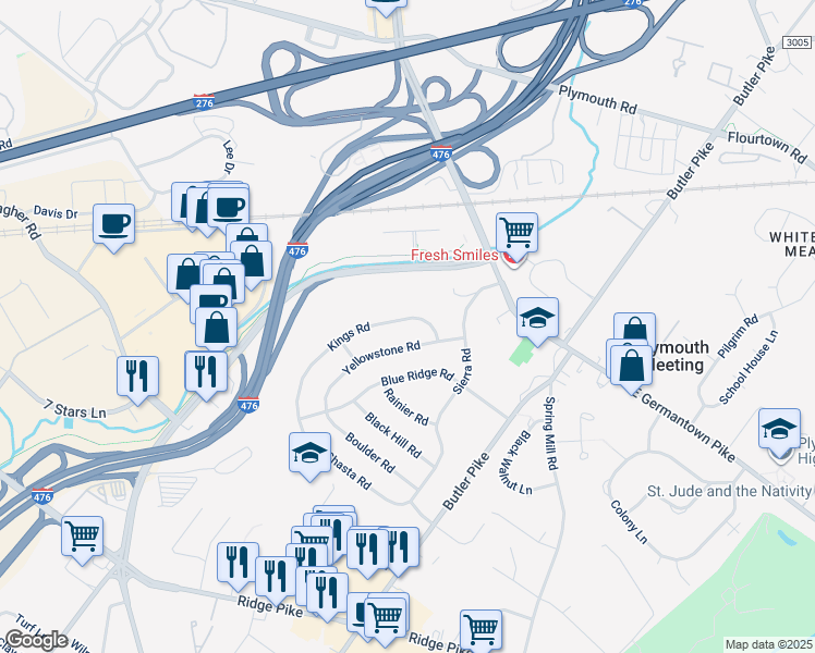 map of restaurants, bars, coffee shops, grocery stores, and more near 107 Kings Rd in Plymouth Meeting