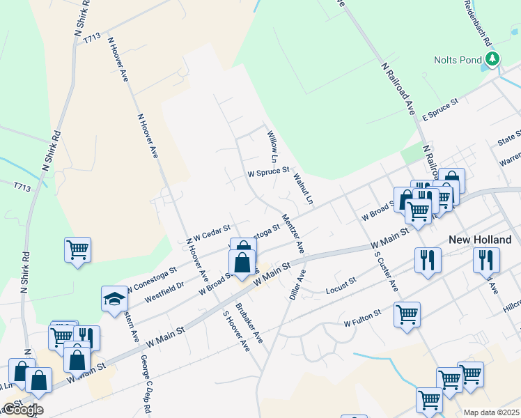 map of restaurants, bars, coffee shops, grocery stores, and more near 321 Hemlock Lane in New Holland